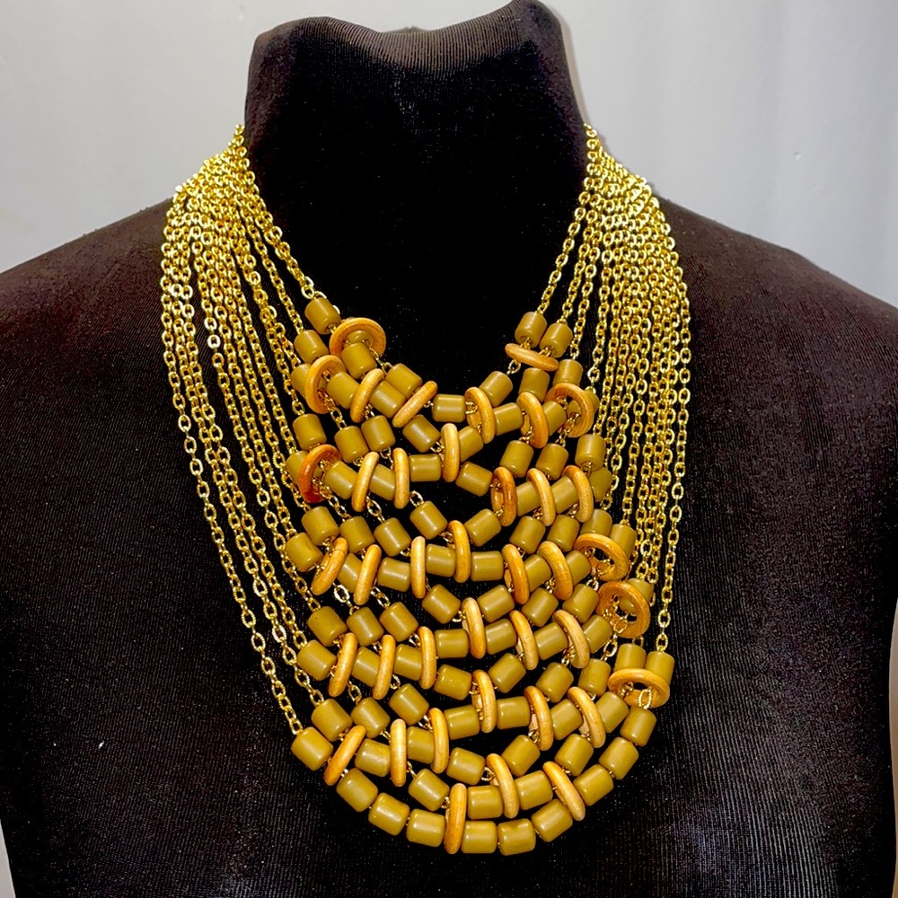 Vintage Ferrara 10 strand gold plated chain with resin beads and wooden rings